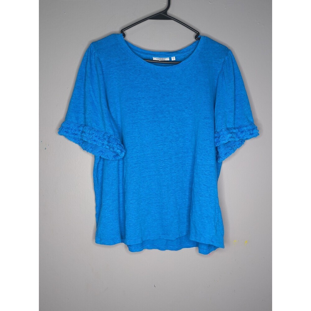 Chico's Women's Blue Knit Linen Short Flutter Sleeve Top Women's Size 3 (XL)
